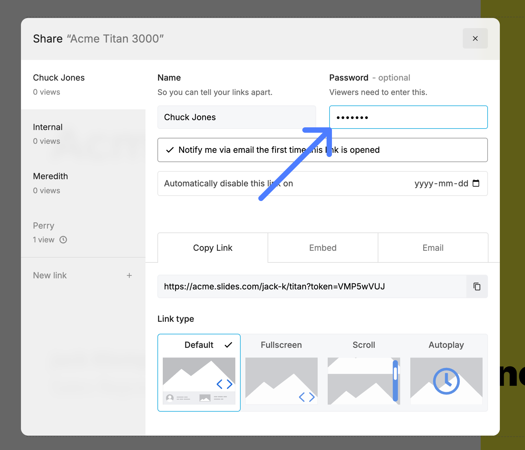 Password field for a private share link