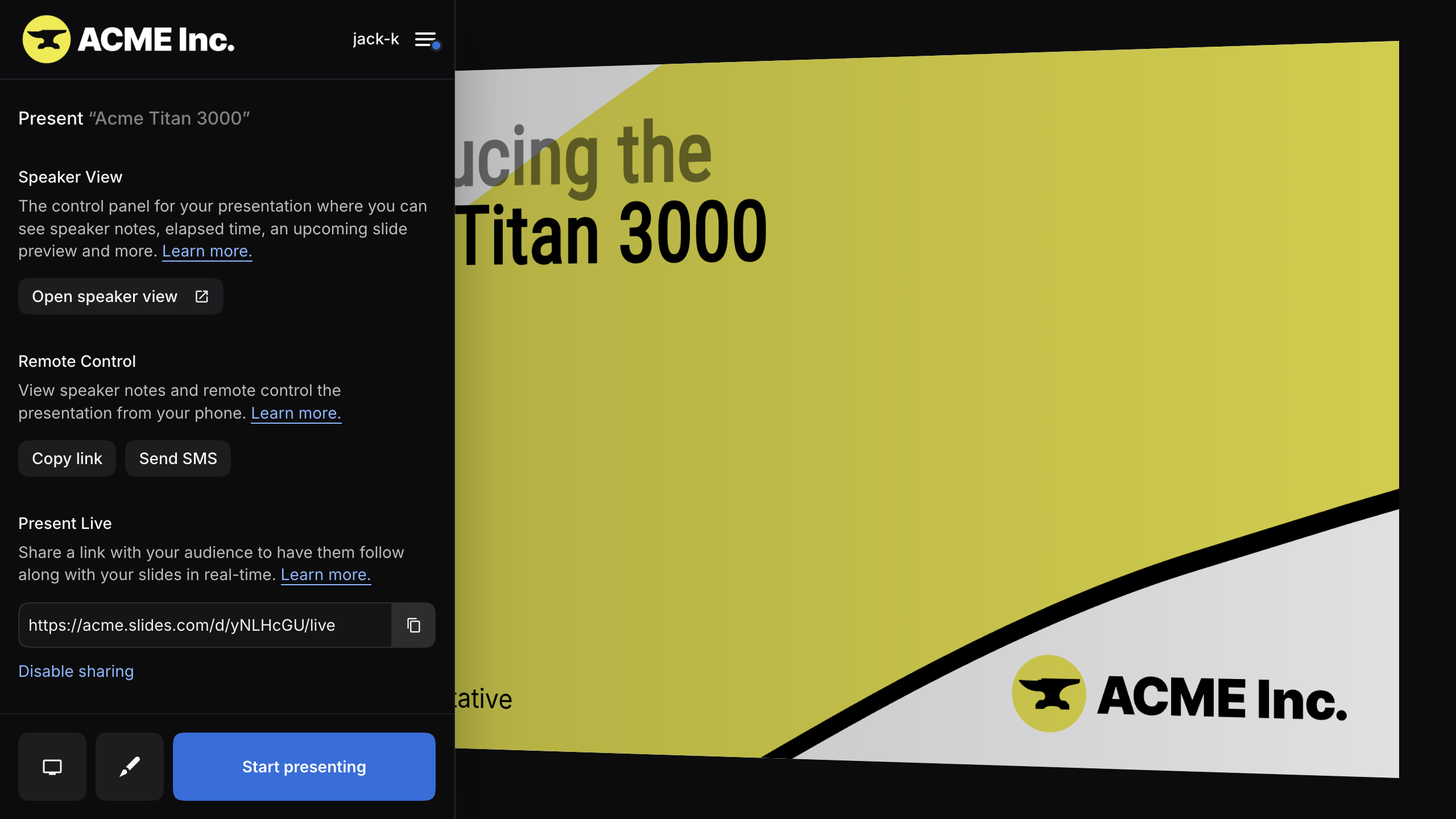 Present Live link and Start presenting button for the Titan deck