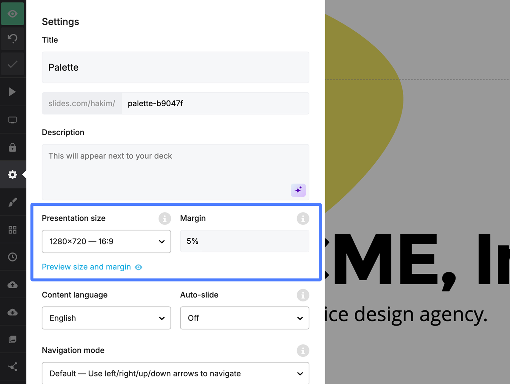 Presentation size presets and custom dimensions