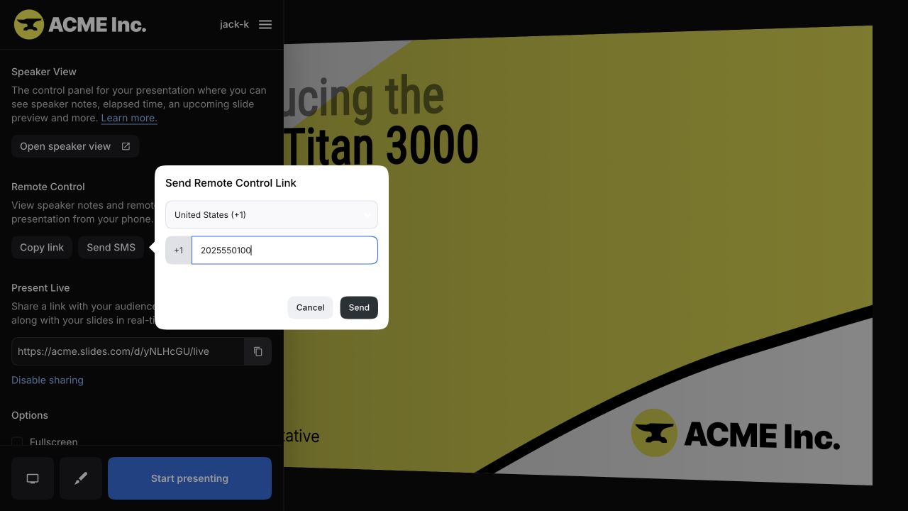 Present view showing Remote Control options and the Send Remote Control Link prompt