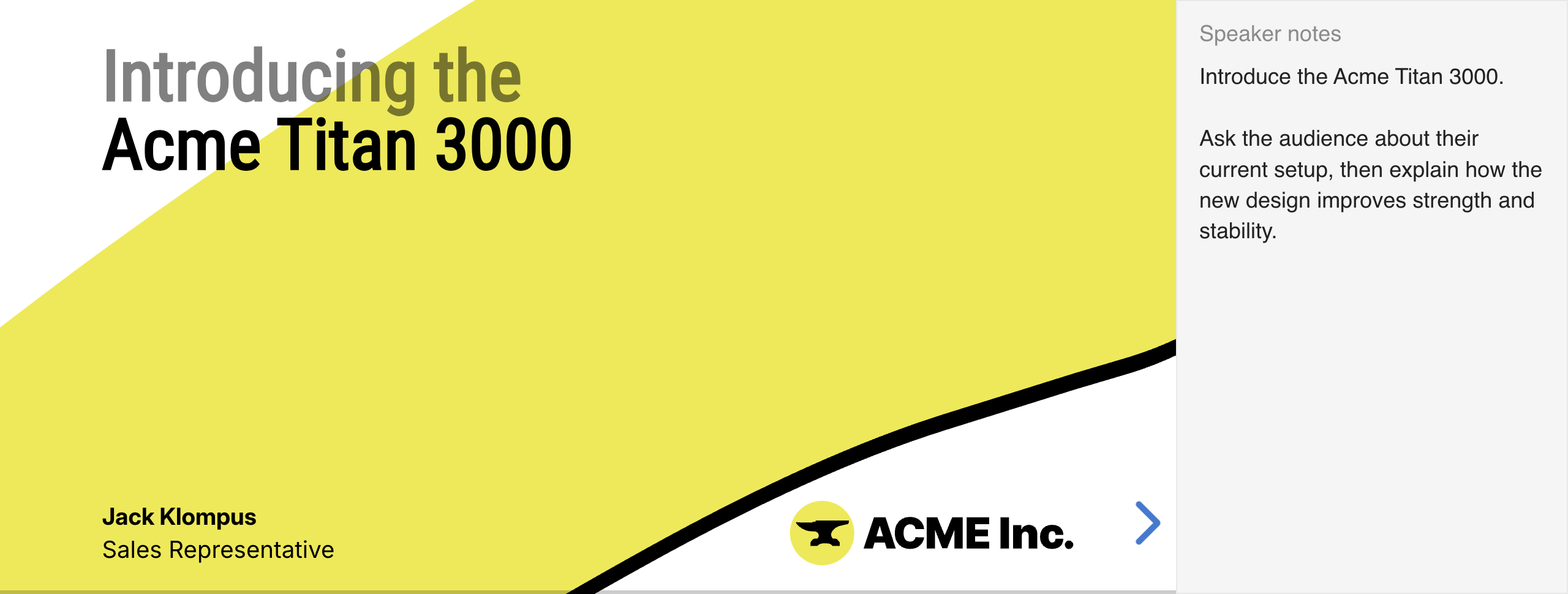 Shared speaker notes shown beside the Acme Titan 3000 presentation