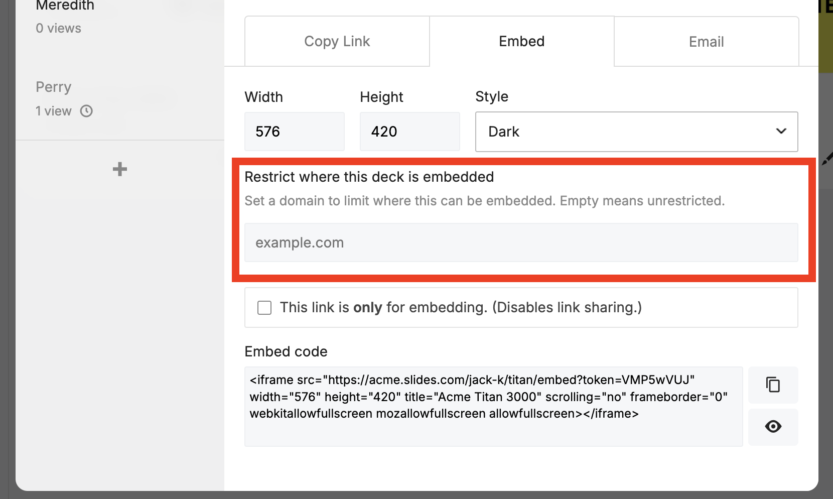 Allowed website field for a private embed
