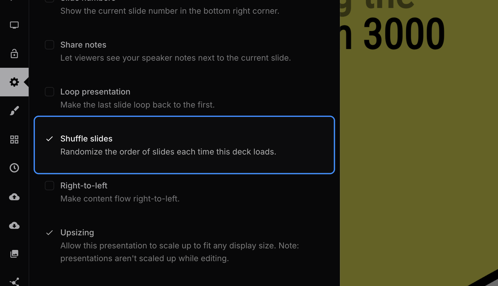 Shuffle slides option in presentation settings
