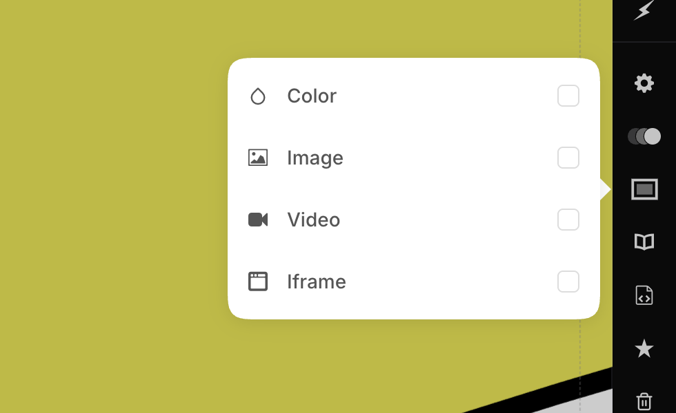 Slide background menu with Color, Image, Video, and Iframe options