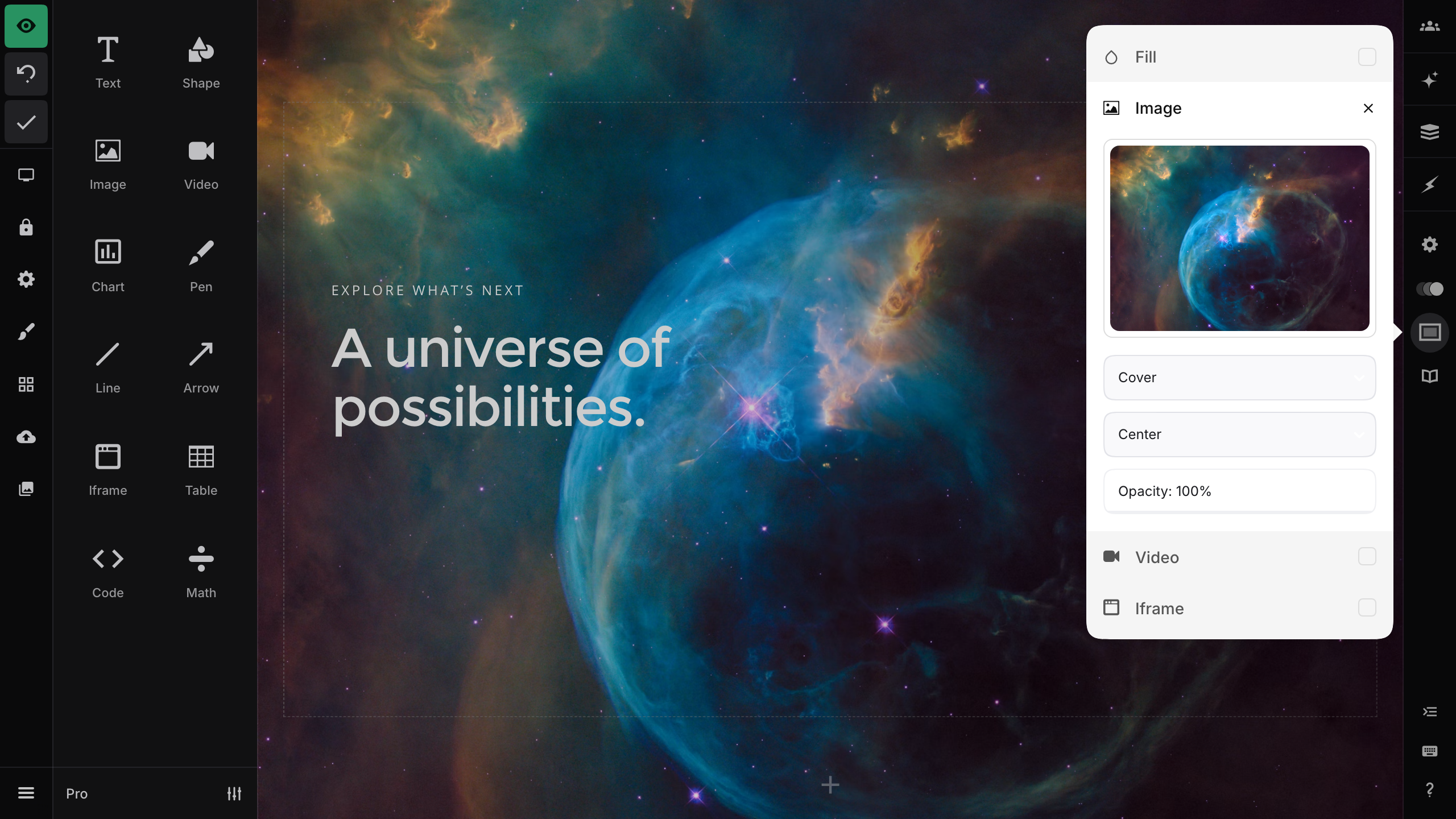 Space-themed slide background with image sizing and positioning options