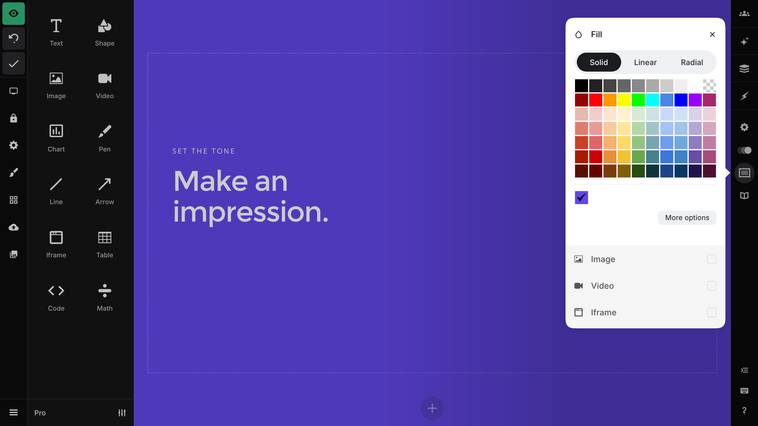 Solid selected in the Fill panel with a purple slide background