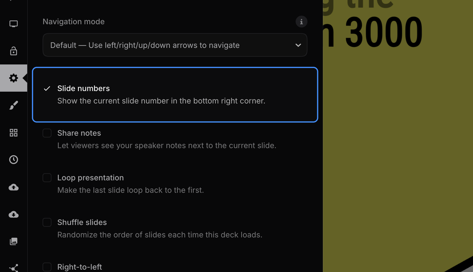 Slide numbers option highlighted in presentation settings