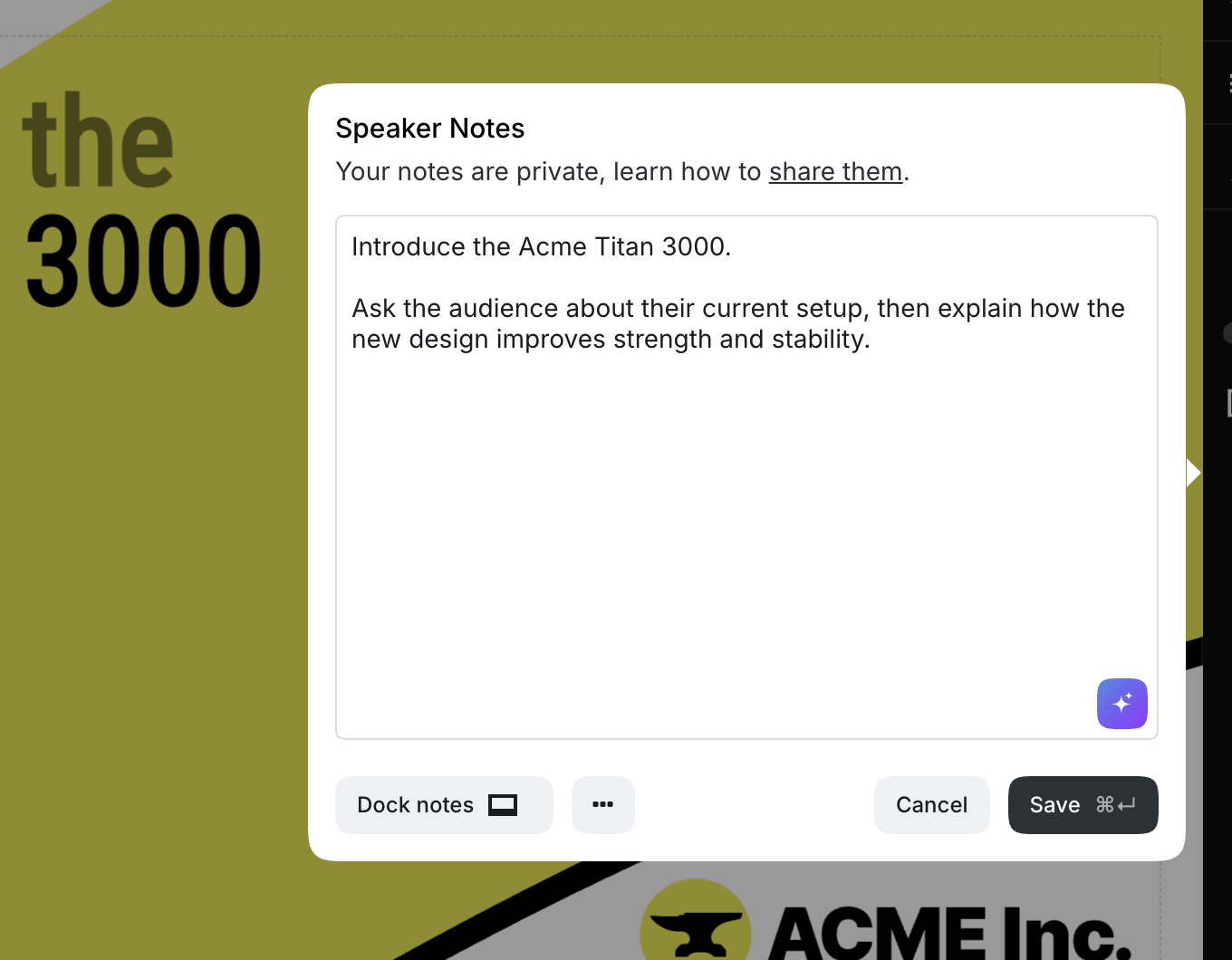 Speaker notes field in the editor