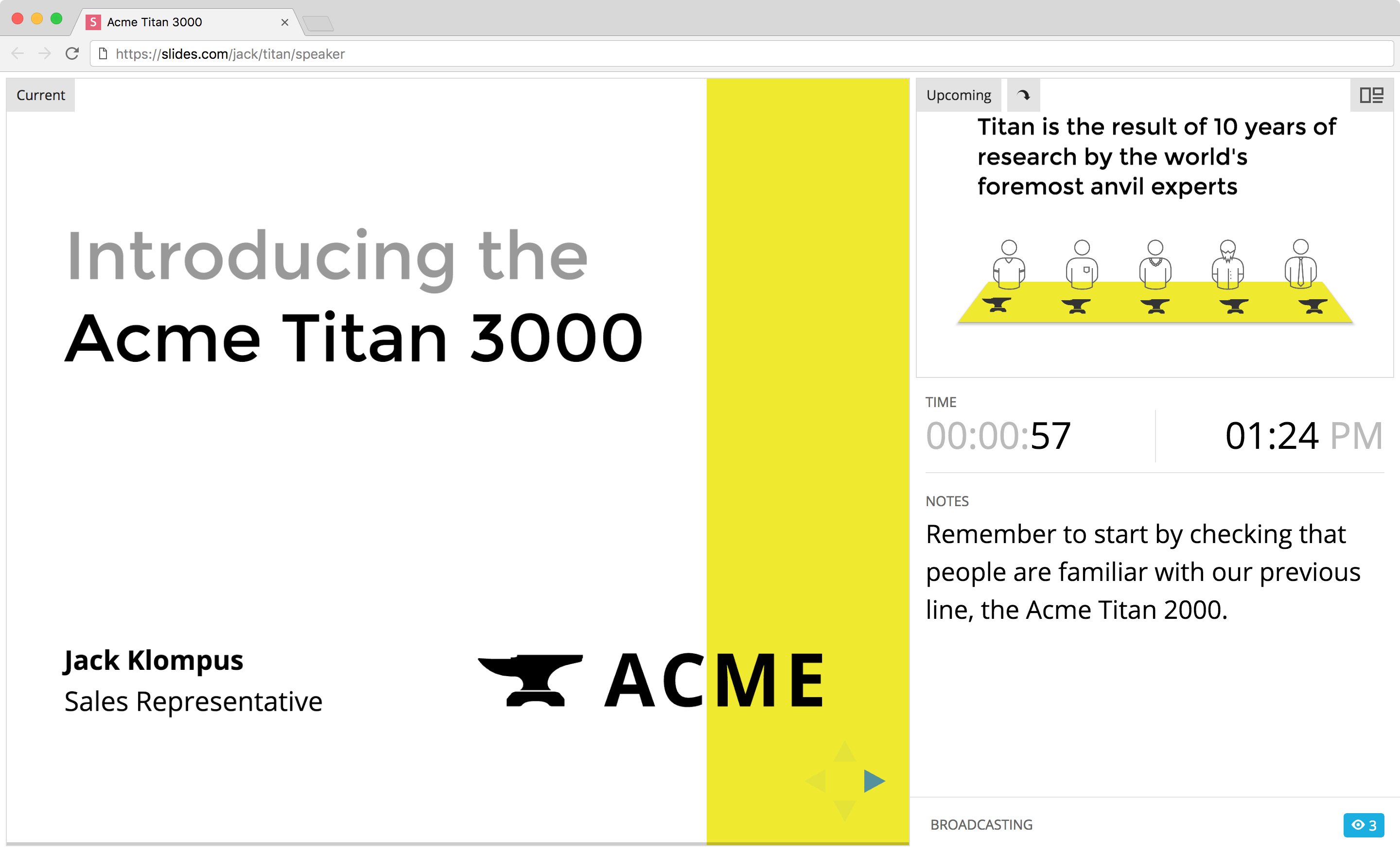 Speaker view with current slide, next slide, notes, and timer
