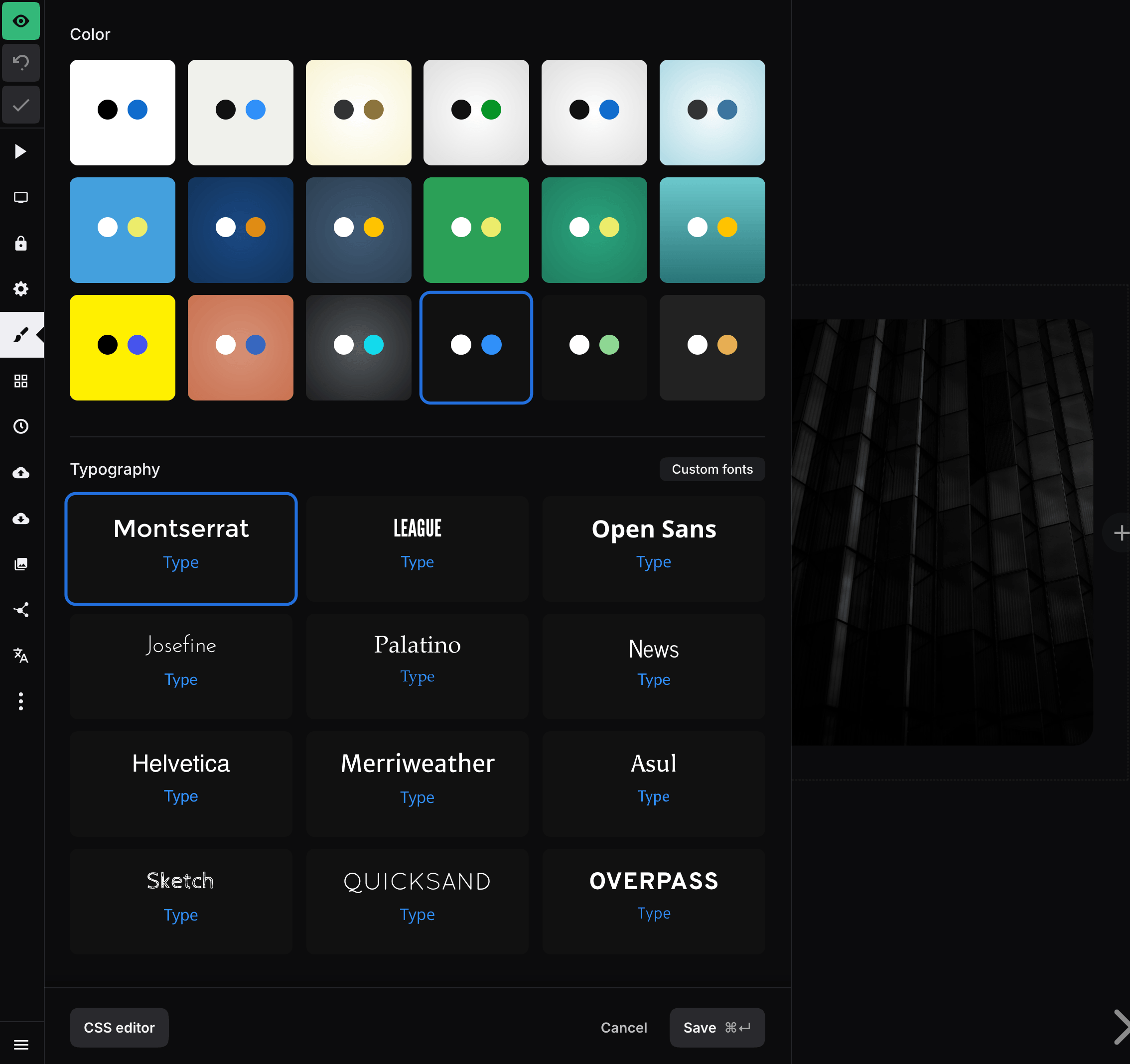 Style panel with color, font, and transition controls
