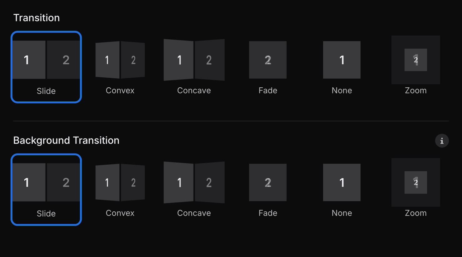 Transition and background transition controls in the Style panel