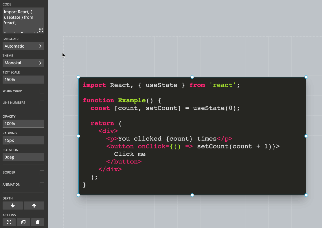 Selecting a language and highlighting theme for a Code block