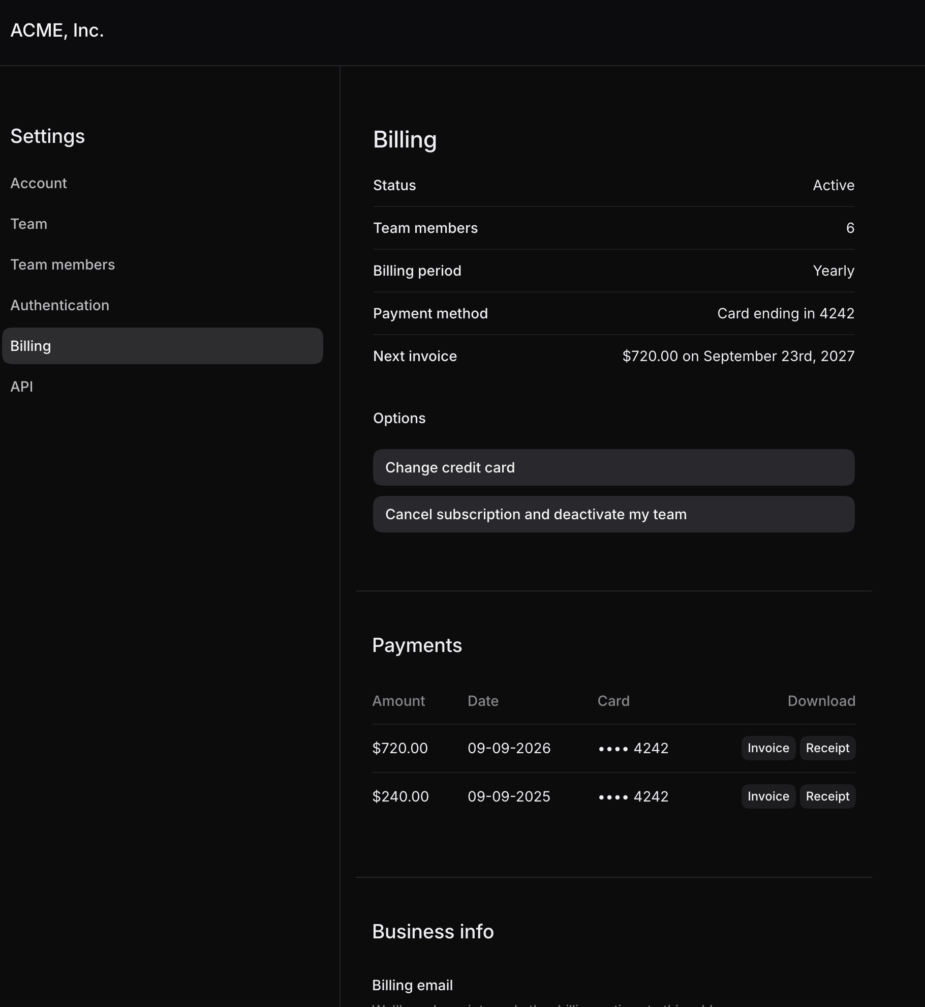 Team billing settings with subscription details and payment history