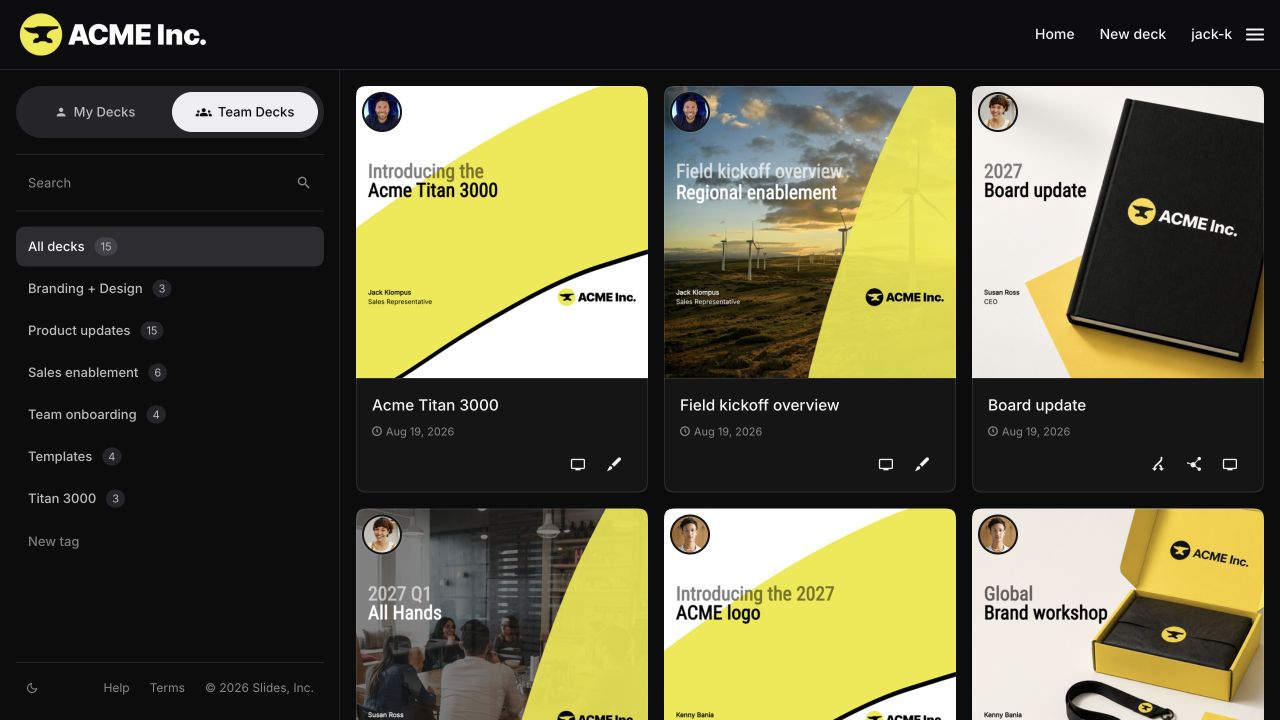 The ACME team home page showing the shared deck library and team tags