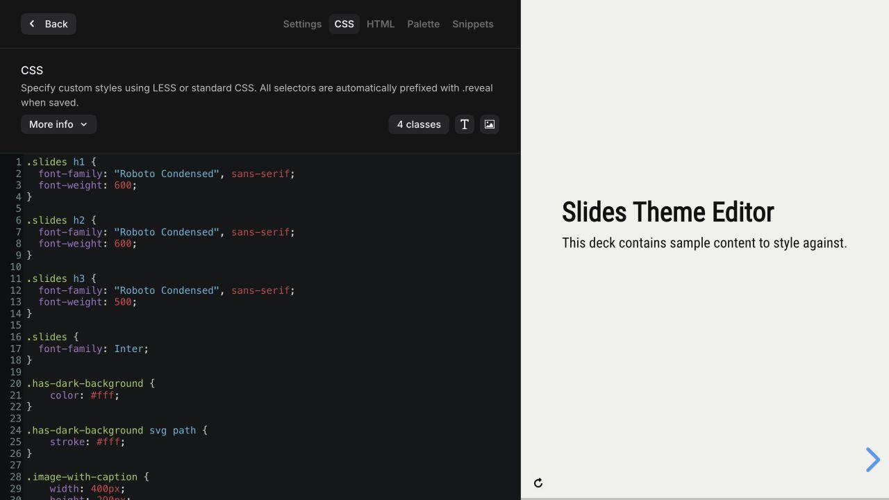 Theme CSS editor with custom styles beside a live presentation preview