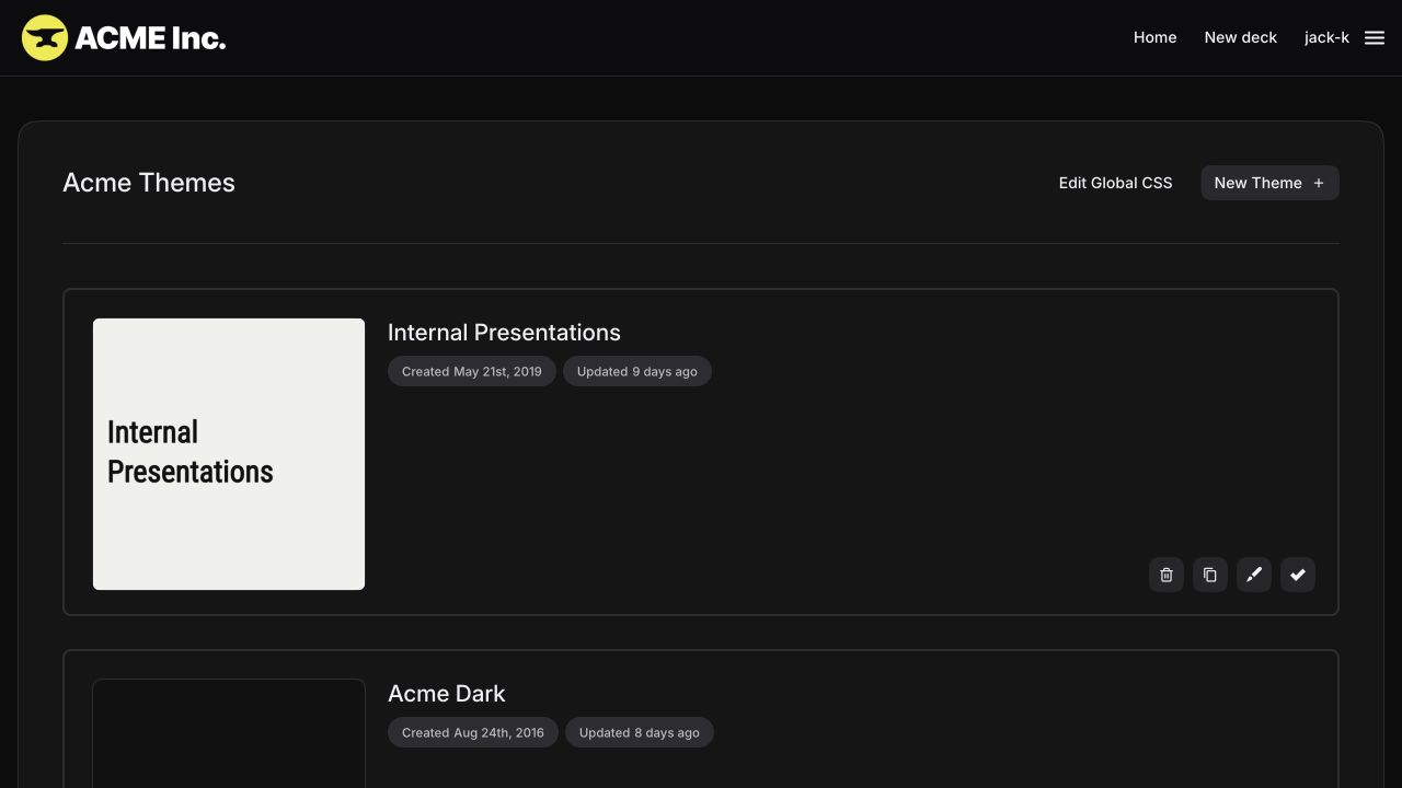 ACME theme editor showing three available team themes