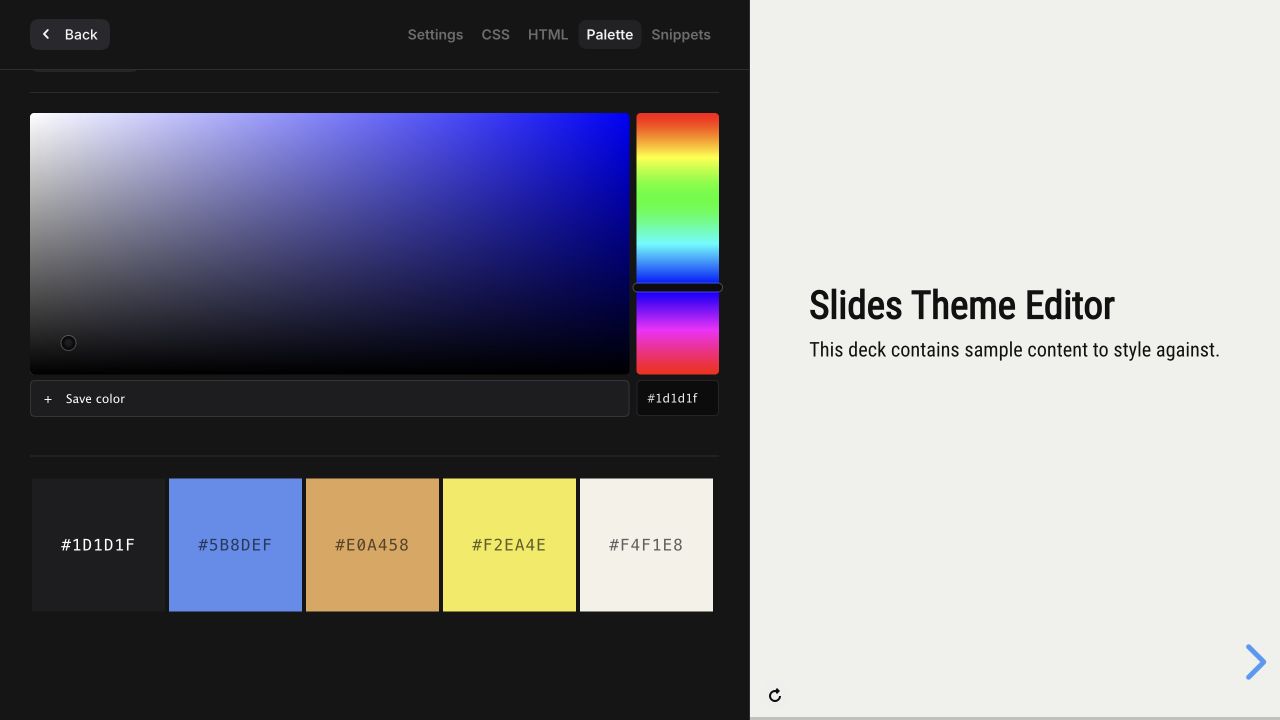 Color palette editor with five saved colors beside a live presentation preview