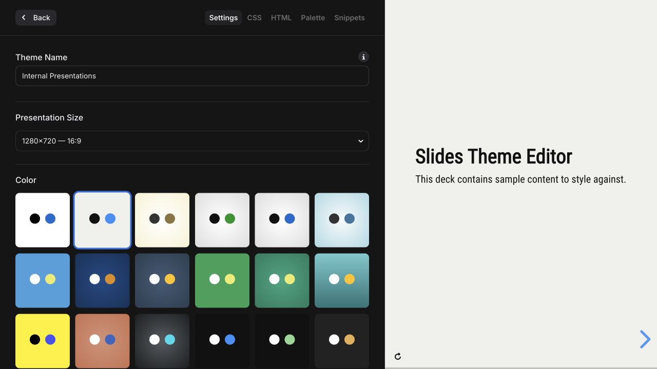 Theme settings beside a live presentation preview