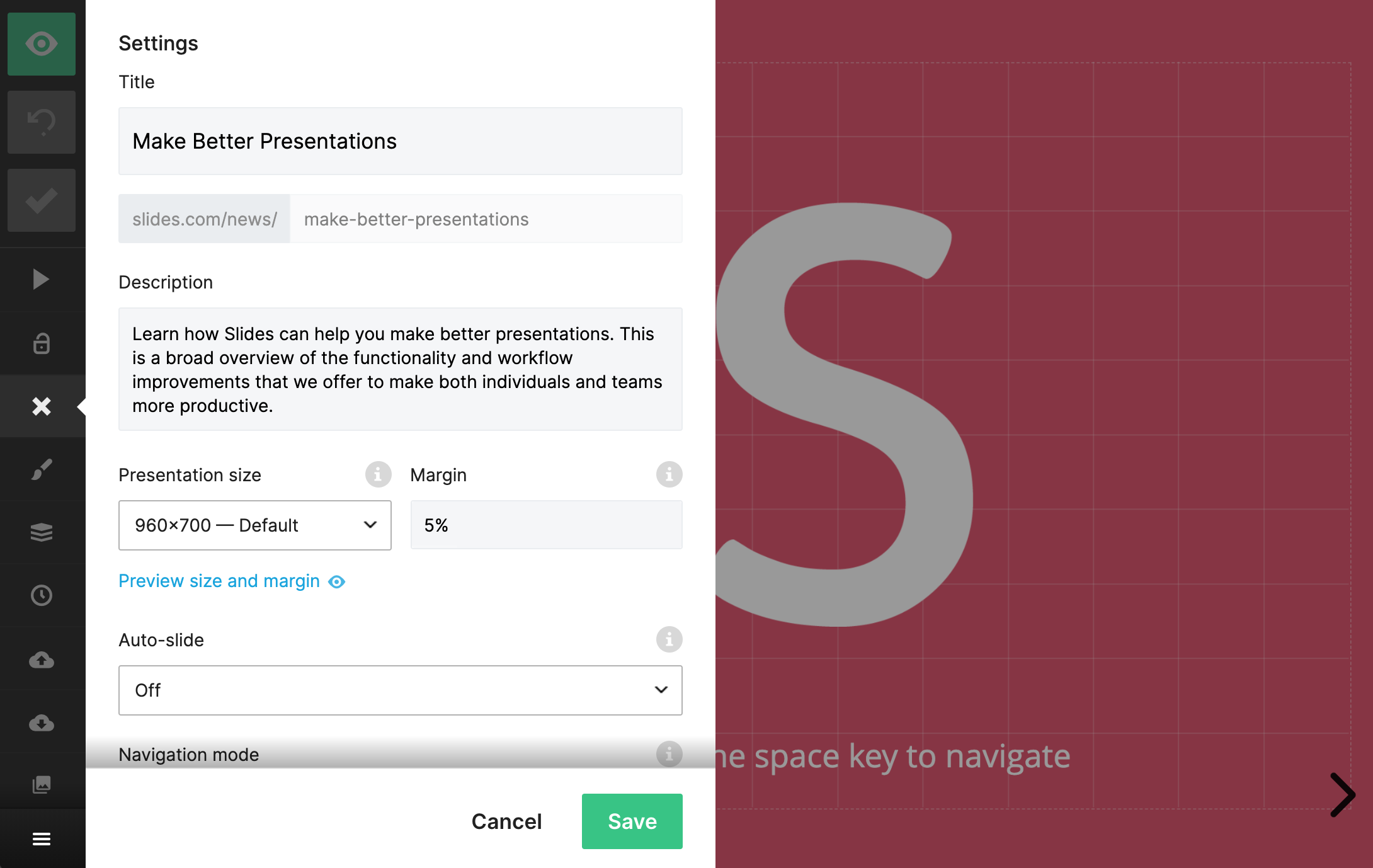 Title, description, and URL fields in presentation settings
