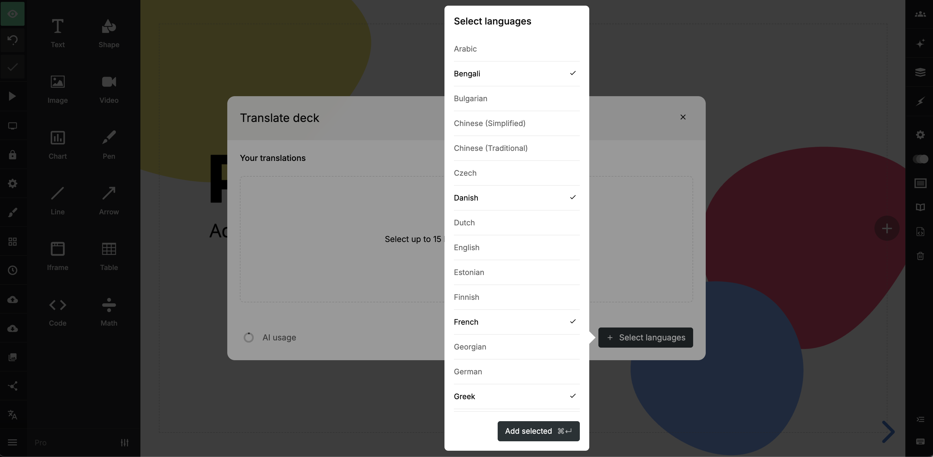 Language selection in the translation manager