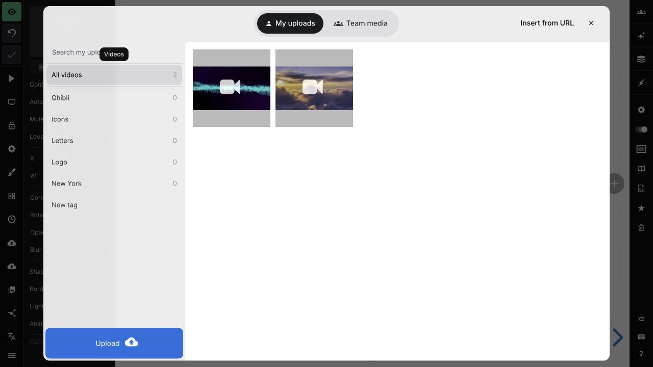 The video media library with uploaded videos and an option to insert from a URL