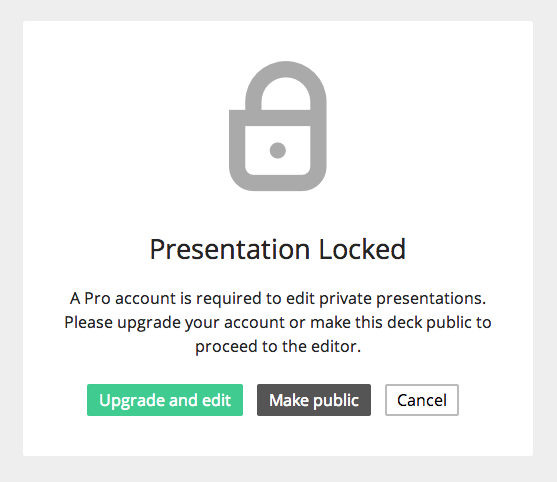 Upgrade prompt shown when opening a private deck on the Free plan