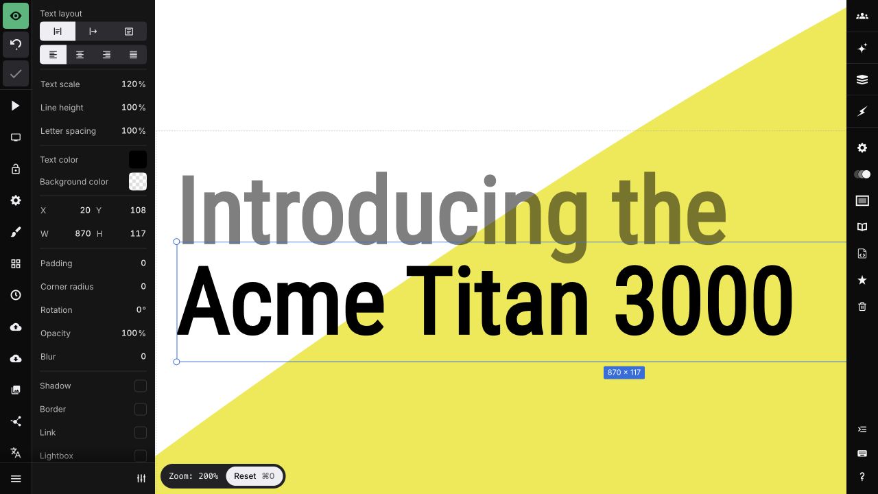 A selected presentation title shown at 200 percent zoom with its text controls and the Reset button visible