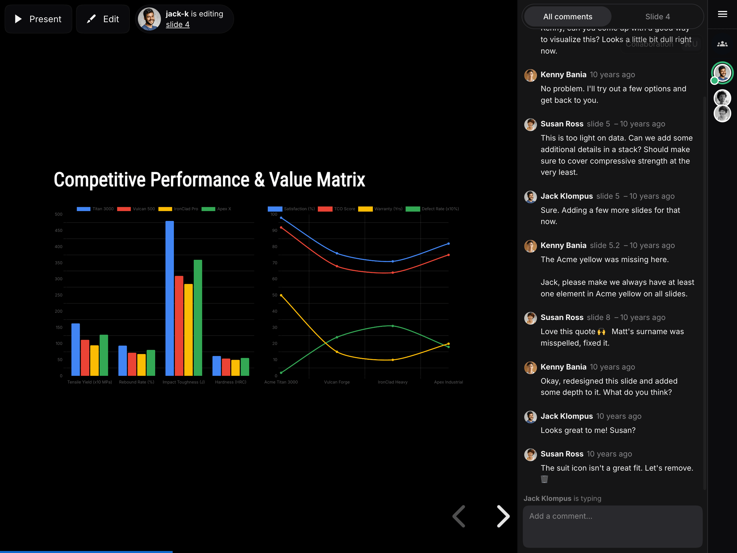 A Slides presentation with live editing presence, teammate activity, and slide-specific comments