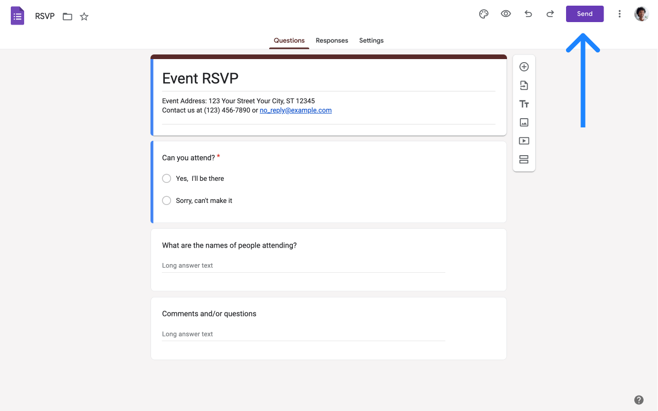 Google Forms interface with an arrow pointing at the share button