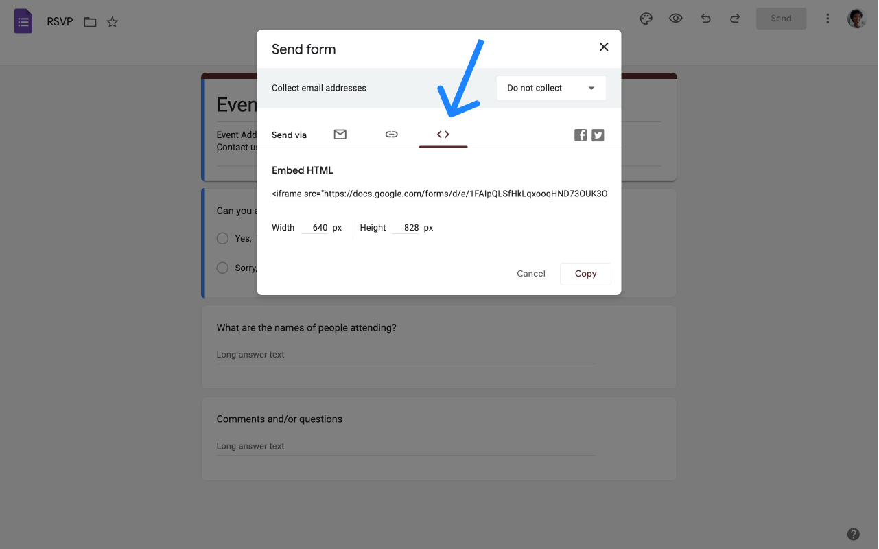 Google Forms interface with the share dialog open