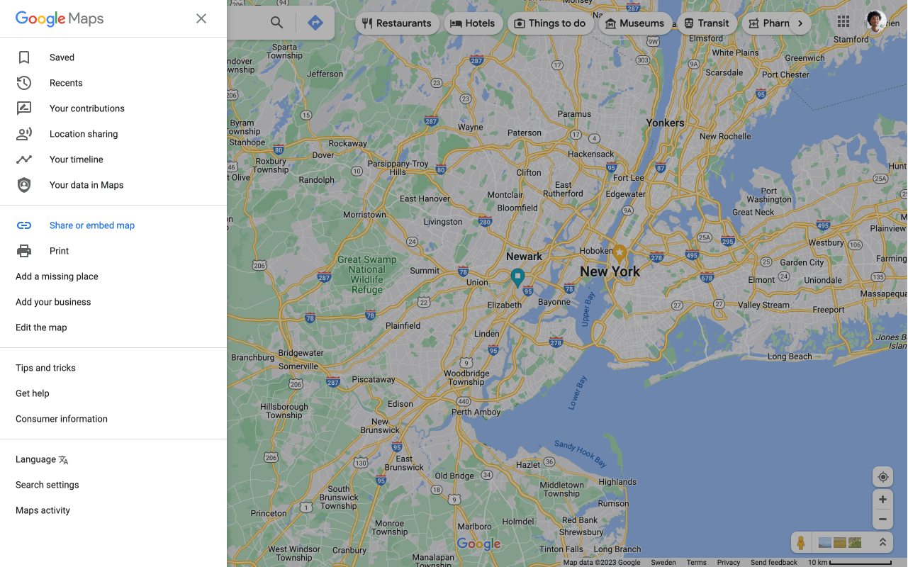 Google Maps interface with sidebar open