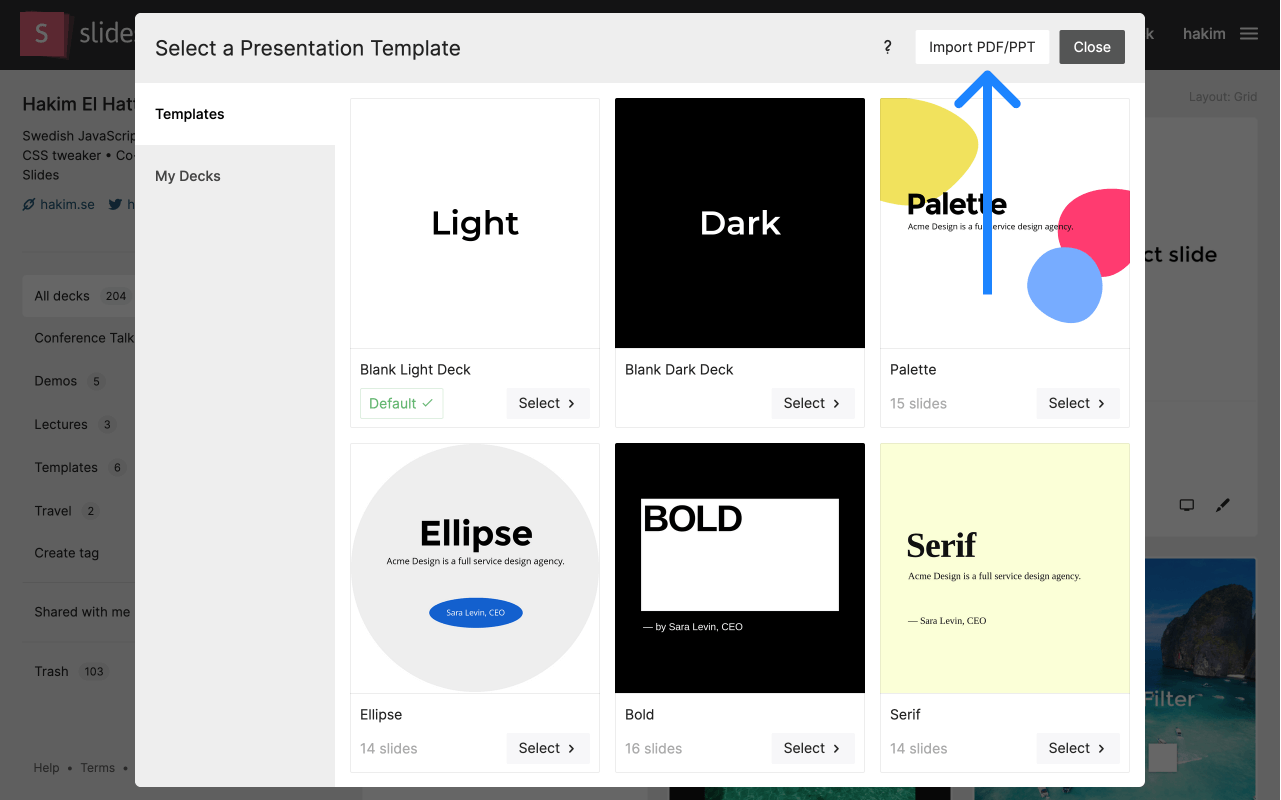 The Slides presentation template selector component with the import button highlighted