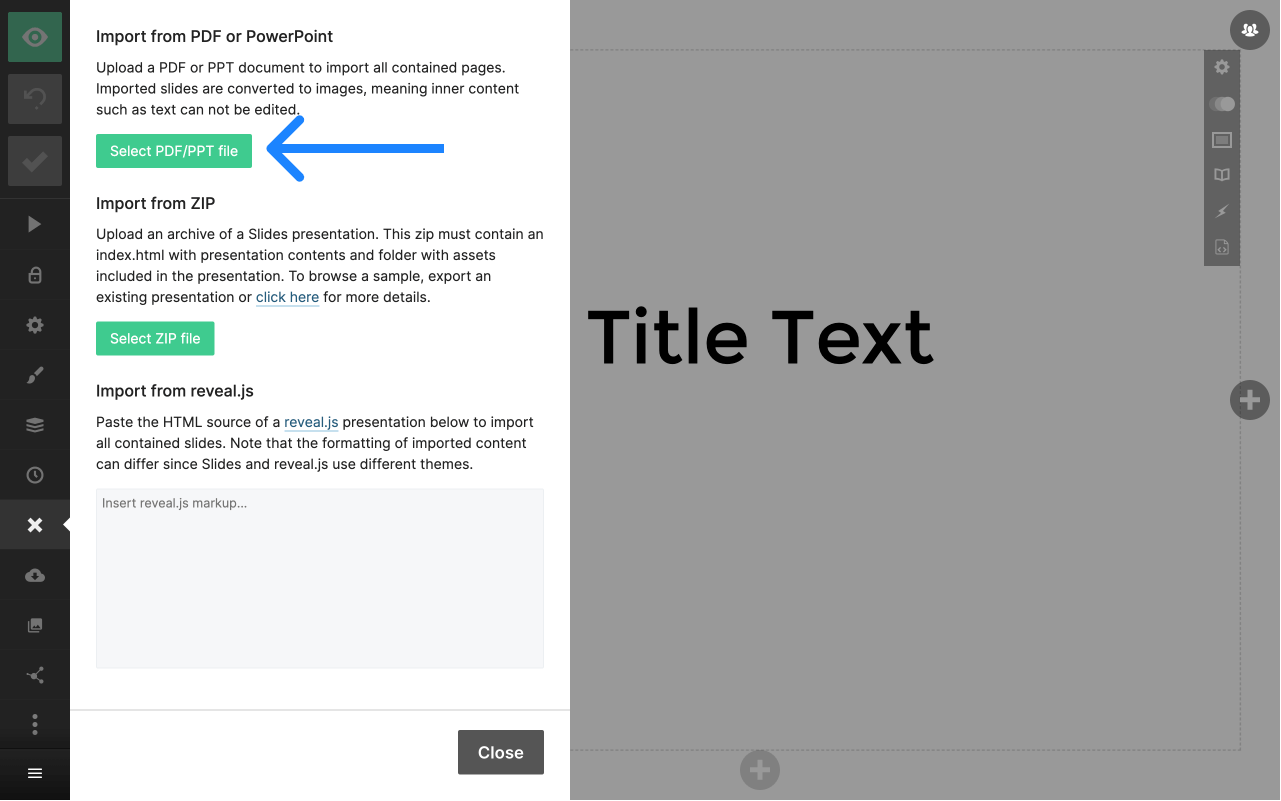 The Slides editor interface with the import panel open